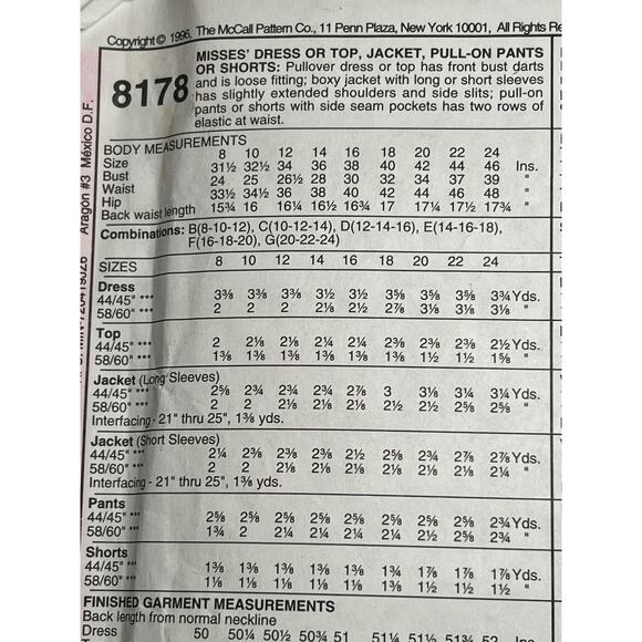 McCalls 8178 Sewing pattern Dress top pants shorts jacket size 20 22 24 - Picture 4 of 7